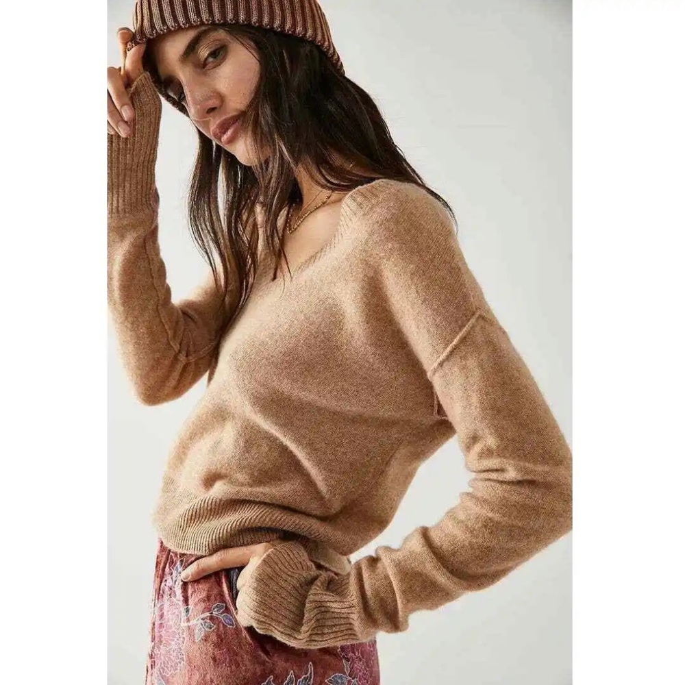 Free People Soft V-Neck Sweater in Camel